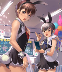  2boys absurdres animal_ears aojin aojin_(aojinchi) ass bad_id bad_pixiv_id balloon brown_eyes brown_hair bulge rabbit_ears rabbit_tail classroom crossdressing dress from_behind hair_ornament hairclip highres indoors male_focus male_playboy_bunny multiple_boys open_mouth original ribbon school short_hair sleeveless smile sweat tail trap waitress  rating:Questionable score:73 user:danbooru