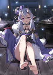 1girl absurdres bare_legs bare_shoulders barefoot baseness black_choker breasts bug character_request choker cleavage cup fang feet full_body hair_ornament hair_ribbon hair_stick head_tilt highres horns japanese_clothes kimono knees_up lantern light_purple_hair long_hair looking_at_viewer medium_breasts mole night nijisanji o-ring open_mouth pointy_ears purple_eyes purple_kimono purple_ribbon ribbon rindou_mikoto sakazuki short_eyebrows sidelocks sitting sleeves_past_fingers sleeves_past_wrists smile soles solo thick_eyebrows toes virtual_youtuber water wide_sleeves wooden_floor rating:Sensitive score:36 user:danbooru