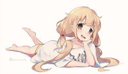  1girl :d barefoot blonde_hair brown_eyes clothes_writing collarbone full_body futaba_anzu idolmaster idolmaster_cinderella_girls kuromiya long_hair looking_at_viewer low_twintails lying off_shoulder on_stomach one-hour_drawing_challenge open_mouth shadow shirt short_sleeves shorts simple_background smile soles solo striped_clothes striped_shorts toes twintails twitter_username very_long_hair white_background white_shirt wide_sleeves you_work_you_lose 