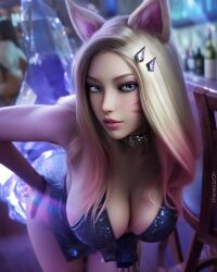  1girl 3d ahri_(league_of_legends) animal_ears bent_over blonde_hair blue_eyes blurry blurry_background breasts crystal_tail facial_mark fingerless_gloves fox_ears fox_girl fox_tail gloves hair_ornament hand_on_own_hip highres k/da_(league_of_legends) k/da_all_out_ahri large_breasts league_of_legends lips long_hair looking_at_viewer parted_lips sequins silver_choker single_fingerless_glove solo tail whisker_markings zoh  rating:Sensitive score:47 user:danbooru