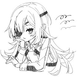  1girl blush dress eyepatch flat_chest gloves goddess_of_victory:_nikke greyscale guillotine_(nikke) half_gloves long_hair looking_at_viewer military_uniform monochrome pout sketch solo squiggle tu_pa_pa_pa uniform 