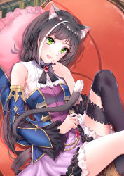 1girl absurdres animal_ear_fluff animal_ears black_hair black_ribbon black_thighhighs blue_sleeves bustier cat_ears cat_girl cat_tail couch detached_sleeves fang green_eyes highres indoors karyl_(princess_connect!) long_hair long_sleeves miniskirt multicolored_hair neck_ribbon open_mouth princess_connect! purple_skirt ribbon shirt shunse skirt sleeveless sleeveless_shirt solo streaked_hair tail thighhighs very_long_hair white_shirt rating:Sensitive score:10 user:danbooru
