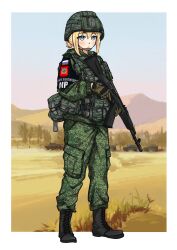  1girl :&lt; ak-74m ammunition_pouch armored_personnel_carrier armored_vehicle assault_rifle black_footwear black_gloves blonde_hair blue_eyes body_armor boots border brassard brown_gloves bulletproof_vest bush camouflage camouflage_headwear camouflage_jacket camouflage_pants chin_strap closed_mouth combat_boots combat_helmet commentary cross cross-laced_footwear day desert digital_camouflage emblem frown full_body gloves grass green_headwear green_jacket green_pants gun hair_between_eyes hair_bun helmet highres hill holding holding_gun holding_weapon jacket jizi kalashnikov_rifle load_bearing_equipment long_sleeves military military_police military_uniform military_vehicle motor_vehicle original outdoors outside_border pants pants_tucked_in pocket pouch rifle russia russian_flag russian_text sidelocks single_hair_bun smersh solo standing straight-on syria syrian_civil_war tree two-tone_gloves uniform vehicle_request weapon white_border 