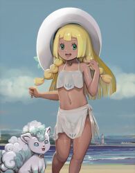  1girl :d alice_(aries) alolan_form alolan_vulpix beach blonde_hair blunt_bangs blurry blush braid commentary creatures_(company) day depth_of_field english_commentary game_freak gen_7_pokemon green_eyes hat hat_ribbon highres kneehighs lillie_(pokemon) long_hair looking_at_viewer mixed-language_commentary nintendo ocean open_mouth outdoors pokemon pokemon_(anime) pokemon_(creature) pokemon_sm_(anime) ribbon smile socks sun_hat teeth tr3ratna twin_braids upper_teeth_only water white_headwear 