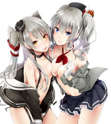 10s 2girls akatsuki_hijiri amatsukaze_(kancolle) asymmetrical_docking blouse blue_eyes blush breast_press breasts cleavage dress garter_straps gloves hair_tubes hat kantai_collection kashima_(kancolle) large_breasts long_hair looking_at_viewer military military_uniform miniskirt multiple_girls open_clothes open_mouth open_shirt pleated_skirt sailor_dress shirt short_hair skirt smile twintails two_side_up uniform wavy_hair white_background white_gloves rating:Questionable score:13 user:danbooru