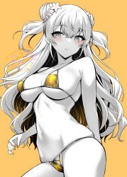  1girl alternate_costume alto_seneka arm_behind_back bikini blush breasts cleavage commentary contrapposto cowboy_shot dated double_bun eyelashes flower green_eyes greyscale_with_colored_background hair_between_eyes hair_bun hair_flower hair_ornament highres hololive large_breasts long_hair looking_at_viewer micro_bikini momosuzu_nene nail_polish navel o-ring o-ring_bikini orange_background orange_bikini orange_nails orange_theme parted_lips partially_colored signature simple_background skindentation solo standing stomach string_bikini swimsuit two_side_up virtual_youtuber 