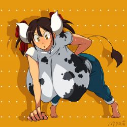 1girl animated animated_gif barefoot bouncing_breasts breasts brown_eyes brown_hair covered_erect_nipples cow_girl cow_tail exercising full_body gigantic_breasts hair_ribbon hanging_breasts hataraki_ari horns original puffy_nipples push-ups ribbon solo sukimi sweat tail rating:Sensitive score:122 user:railbreaker