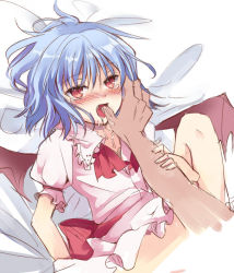 1girl bad_id bad_pixiv_id bat_wings blue_hair blush bottomless breasts face fang female_focus finger_in_another&#039;s_mouth holding_another&#039;s_arm licking licking_finger loli lying na_s nazuka_(mikkamisaki) no_headwear on_back remilia_scarlet saliva short_hair slit_pupils solo_focus tears touhou wings rating:Questionable score:37 user:danbooru