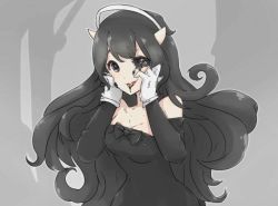  1girl alice_(bendy_and_the_ink_machine) bendy_and_the_ink_machine black_hair black_lips breasts choker cleavage gloves halo horns  rating:Sensitive score:3 user:twilight_jester