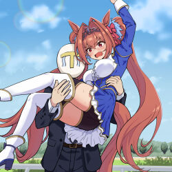  1boy 1girl animal_ears blue_sky blush boots breasts carrying daiwa_scarlet_(umamusume) embarrassed fang hair_intakes hand_up highres horse_ears horse_girl horse_tail long_hair long_sleeves outdoors oxymoron_0213 princess_carry puffy_long_sleeves puffy_sleeves red_eyes shy skin_fang sky sweat t-head_trainer tail tiara trainer_(umamusume) twintails umamusume very_long_hair white_footwear 
