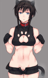  1girl animal_ears black_gloves black_hair blue_eyes breasts cleavage cleavage_cutout clothing_cutout collar covered_erect_nipples cowboy_shot dominica_s._gentile em_(totsuzen_no_hakike) fake_animal_ears female_pubic_hair gloves looking_at_viewer medium_breasts navel open_fly paw_pose pubic_hair short_hair solo strike_witches strike_witches:_kurenai_no_majo-tachi thigh_gap toned unzipped world_witches_series  rating:Questionable score:57 user:danbooru