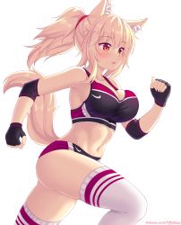 1girl :o animal_ear_fluff animal_ears armpits bare_shoulders black_gloves blonde_hair blush breasts cat cat_ears cat_girl cat_tail cleavage elbow_pads english_text fingerless_gloves gloves hair_tie highres large_breasts long_hair navel nike_(company) nottytiffy open_mouth original patreon_username ponytail red_eyes running sidelocks simple_background slit_pupils solo sports_bra sportswear tail thighhighs tiffy_(nottytiffy) white_background white_thighhighs rating:Sensitive score:84 user:danbooru