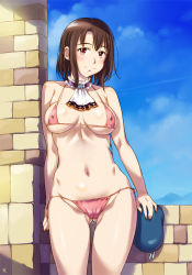 10s 1girl against_wall arms_at_sides ascot beret bikini blue_hat blue_sky blush breasts brick_wall brown_hair cameltoe choker closed_mouth collarbone commentary_request covered_erect_nipples cowboy_shot day frilled_choker frills gluteal_fold groin hat holding holding_clothes holding_hat kantai_collection looking_at_viewer medium_breasts micro_bikini outdoors pink_bikini pink_ribbon red_eyes ribbon sameha_ikuya short_hair side-tie_bikini_bottom signature sky smile solo standing swimsuit takao_(kancolle) unworn_hat unworn_headwear rating:Questionable score:26 user:danbooru