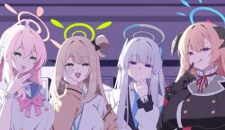  4girls :d :q ahoge akari_(blue_archive) backlighting black_gloves blazer blonde_hair blue_archive blue_eyes blue_necktie blue_sailor_collar blunt_bangs blurry bow bowtie bracelet braid breasts brown_hair coat collared_shirt commentary demon_girl demon_horns depth_of_field english_commentary finger_to_mouth gloves glowing_pupils green_eyes hair_between_eyes hair_bun half-closed_eyes halo hanako_(blue_archive) hand_on_own_cheek hand_on_own_face headgear highres horns indoors jacket jewelry lanyard large_breasts licking licking_finger long_hair long_sleeves looking_at_viewer multiple_girls necktie noa_(blue_archive) nonomi_(blue_archive) open_clothes open_coat open_jacket open_mouth pink_hair purple_eyes red_bow red_bowtie red_pupils reia_76 sailor_collar school_uniform serafuku shirt sidelocks single_braid single_side_bun smile tongue tongue_out upper_body white_coat white_hair white_jacket white_serafuku white_shirt yellow_jacket 