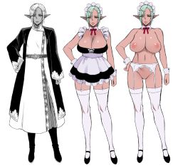 absurdres breasts character_sheet choker concept_art dark_elf dark_skin elf garter_belt garter_straps highres large_breasts maid pointy_ears simple_background sketch thick_thighs thighhighs thighs usagi_nagomu rating:Questionable score:43 user:cheezeit