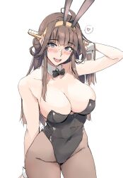  1girl :d adjusting_hair animal_ears bare_shoulders black_bow black_bowtie black_leotard bow bowtie breasts brown_hair brown_pantyhose cleavage commentary_request detached_collar double_bun fake_animal_ears hair_bun headgear heart highleg highleg_leotard highres kantai_collection kongou_(kancolle) kongou_kai_ni_(kancolle) large_breasts leotard long_hair looking_at_viewer open_mouth pantyhose playboy_bunny purple_eyes rabbit_ears smile solo spoken_heart traditional_bowtie white_wrist_cuffs wrist_cuffs zekkyon 