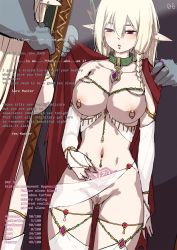 1girl anal anal_object_insertion bdsm blonde_hair bondage bound breasts bridal_gauntlets chain clitoral_stimulation clitoris_piercing clitoris_ring cloak collar ear_piercing elf feather_hair_ornament feathers gameplay_mechanics gold_chain hair_ornament harem_outfit highres hypnosis jewelry large_breasts magic mind_control mirror nipple_piercing nipple_rings object_insertion orc original piercing pointy_ears pubic_hair pubic_tattoo pussy_piercing red_cloak red_eyes shaking slave slave_tattoo solinda_(yakou) stats tag tattoo teardrop tears translated vaginal_piercing yakou_(4507770) rating:Explicit score:243 user:DougDimmadome