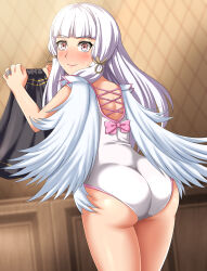  1girl absurdres alternate_costume angel_leotard angel_wings ass black_skirt blush commentary_request commission cowboy_shot fire_emblem fire_emblem:_three_houses from_behind hair_ribbon highres holding holding_clothes leotard long_hair lysithea_von_ordelia nintendo nose_blush pink_eyes pixiv_commission ribbon skirt smile solo tress_ribbon white_hair white_leotard wings zanntetu 