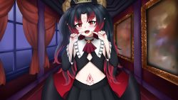  1girl androxg belly black_hair blush blush_stickers carpet ceiling commission curtains demon_girl demon_horns demon_wings dress eyebrows eyelashes fang fangs fingernails hallway highres horns idol_corp knee_up lily_sin long_hair multicolored_hair navel open_mouth pointing pointy_ears portrait_(object) red_carpet red_eyes skirt virtual_youtuber window wings  rating:Sensitive score:2 user:Satoko