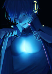  1boy black_background blue_hair blue_theme closed_eyes coat glowing glowing_headgear hair_between_eyes headphones heart_(organ) highres kaito_(vocaloid) kaito_(vocaloid3) male_focus mouthpiece nokuhashi open_clothes open_coat open_mouth pectorals shirt short_hair signature tight_clothes tight_shirt upper_body vocaloid 