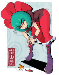  1girl :o bent_over blunt_bangs boots bow character_name dress eyeshadow flying_sweatdrops frilled_dress frills front_ponytail green_eyes green_hair hair_bow hair_ribbon highres kagiyama_hina kevin_arthur leaf legs_apart long_eyebrows makeup motion_lines no_sclera open_mouth puffy_short_sleeves puffy_sleeves red_bow red_dress red_ribbon ribbon shadow short_sleeves solo swirl touhou two-tone_background tying_footwear 