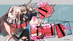 3girls absurdres animal_ear_fluff animal_ears animal_penis arknights arm_grab ashlock_(arknights) ashlock_(elite_ii)_(arknights) bar_censor black_gloves black_shirt blue_hair blue_jacket blush bottomless breasts brown_hair censored closed_eyes closed_mouth crop_top cropped_jacket cross-section cum erection futa_with_female futa_with_futa futanari gigantic_penis gloves grey_eyes grey_hair highres horse_ears horse_girl horse_penis horse_tail jacket long_hair material_growth medium_breasts mirin_chikuwa monique_(arknights) multiple_girls multiple_penises open_mouth oripathy_lesion_(arknights) penis penis_size_difference platinum_(arknights) ponytail prostate red_eyes rolling_eyes sagging_testicles sex sex_from_behind shadow shirt short_hair squirrel_ears squirrel_girl squirrel_tail standing stomach_bulge tail testicle_grab testicles twitter_username white_hair wild_mane_(arknights) rating:Explicit score:157 user:danbooru
