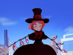  1girl building cityscape closed_eyes cyborg dress gloves hat matcha_bone orange_hair outdoors outstretched_arms peacock_(skullgirls) short_hair skullgirls skyscraper smile solo top_hat 