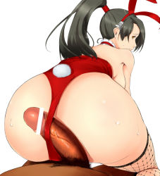 1girl animal_ears ass bad_id bad_pixiv_id bent_over black_hair breasts brown_eyes buttjob buttjob_under_clothes censored dark-skinned_male dark_penis dark_skin fake_animal_ears fishnets hawoku_ishibare huge_ass interracial large_breasts leotard long_hair looking_back momiji_(ninja_gaiden) ninja_gaiden ninja_gaiden:_dragon_sword penis penis_under_another&#039;s_clothes playboy_bunny ponytail pov rabbit_ears red_leotard solo_focus sweat thighhighs rating:Explicit score:58 user:danbooru