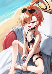  1girl absurdres ahoge bare_arms bare_legs bare_shoulders barefoot beach bikini black_bikini black_nails blue_archive blush breasts can day eyewear_on_head fangs fingernails halo highres holding holding_can huge_ahoge mole mole_under_each_eye mole_under_eye multiple_moles nail_polish navel neru_(blue_archive) ocean open_mouth outdoors red_eyes red_hair rosu_1109 short_hair small_breasts smile solo sunglasses swimsuit toes 