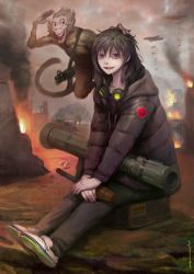  1boy aircraft airplane black_hair bomb bomber commentary explosion explosive goggles goggles_around_neck gun military military_vehicle monkey original pale_skin parka red_eyes rocket_launcher sharp_teeth shoes sitting sneakers submachine_gun teeth war weapon woorona 