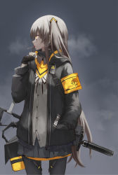  1girl 2017 ammunition_pouch armband black_gloves bright_pupils brown_hair buttons candy cardigan commentary_request cowboy_shot emblem emblem_request expressionless fingerless_gloves food girls&#039;_frontline gloves glowing glowing_eye grey_background grey_cardigan grey_hair grey_shirt grey_skirt gun h&amp;k_ump h&amp;k_ump hand_in_pocket highres holding_strap hood hooded_jacket jacket leris_muma lollipop long_hair looking_away looking_to_the_side neck_ribbon painttool_sai_(medium) pantyhose partially_unbuttoned pleated_skirt pouch profile ribbon scar scar_across_eye scar_on_face shirt side_ponytail sidelocks simple_background skirt solo standing submachine_gun thigh_strap ump45_(girls&#039;_frontline) very_long_hair weapon white_pupils zipper 