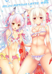  1boy 1girl ahoge animal_ears antenna_hair bikini breasts cameltoe cleavage collarbone cover cover_page covered_erect_nipples fake_animal_ears fang frills gradient_hair grey_hair large_breasts long_hair multicolored_hair multiple_girls navel open_mouth original pink_hair short_twintails string_bikini striped striped_background swimsuit trap twintails white_hair yanase_aki  rating:Questionable score:30 user:danbooru