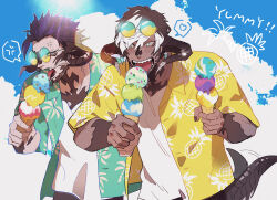  +_+ 2boys anger_vein au_ra black_horns black_nails blue_sky brown_hair cloud cloudy_sky commentary_request dark-skinned_male dark_skin earrings eating english_text eyewear_on_head fangs final_fantasy final_fantasy_xiv fingernails food food_theft green-tinted_eyewear green_eyes green_shirt hand_grab hands_up hawaiian_shirt highres holding holding_food holding_ice_cream horns ice_cream ice_cream_cone jewelry karuo_(oooruka_cr) licking looking_at_food low_horns male_focus multicolored_hair multiple_boys open_mouth purple_hair round_eyewear sharp_fingernails sharp_teeth shirt short_hair sky speech_bubble spoken_anger_vein streaked_hair sunglasses tail tail_wagging teeth tinted_eyewear tongue tongue_out triple_scoop two-tone_hair upper_body warrior_of_light_(ff14) white_hair white_shirt yellow-tinted_eyewear yellow_shirt 