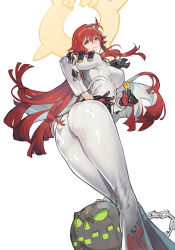  1girl ass bell-bottoms bodysuit breasts broken_halo gloves green_eyes guilty_gear guilty_gear_strive halo jack-o&#039;_valentine large_breasts long_hair long_sleeves looking_at_viewer looking_back pants red_hair smile solo starshadowmagician thighs 
