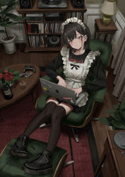 1girl absurdres ankle_boots apple_inc. apron armchair band_shirt black_footwear black_shirt black_skirt black_thighhighs blush boots brown_thighhighs chair closed_mouth computer controller cross-laced_footwear cup drinking_glass earrings flower footrest from_above game_controller gamepad gishiki_(gshk) glass hair_intakes head_tilt highres holding holding_laptop indoors jewelry jolly_roger lamp laptop long_sleeves maid maid_apron maid_headdress merchandise metallica original phonograph plant potted_plant profanity red_flower shirt shot_glass sitting skirt smiley_face solo sony speaker sticker thighhighs white_apron wooden_floor yellow_eyes yin_yang  rating:Sensitive score:19 user:danbooru