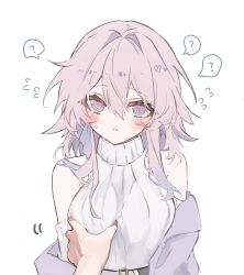 1girl ? @_@ alternate_costume blue_eyes blush breasts commentary grabbing_own_breast highres honkai:_star_rail honkai_(series) jacket looking_at_viewer march_7th_(honkai:_star_rail) medium_breasts meme miss_itata off_shoulder parted_lips pink_eyes pink_hair pov_cheek_grabbing_(meme) purple_jacket ribbed_sweater simple_background solo_focus spoken_question_mark sweater symbol-only_commentary turtleneck turtleneck_sweater two-tone_eyes upper_body white_background white_sweater