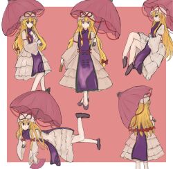  1girl 83mkneinlsqmebq blonde_hair bow brown_footwear closed_mouth commentary_request dress frilled_dress frills full_body hair_bow hat highres juliet_sleeves long_hair long_sleeves low-tied_long_hair mob_cap multiple_views pink_umbrella puffy_sleeves purple_eyes red_bow sidelocks simple_background tabard touhou umbrella white_dress white_hat yakumo_yukari 
