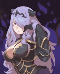  1girl absurdres armor breasts camilla_(fire_emblem) capelet cleavage_cutout clothing_cutout fake_horns fire_emblem fire_emblem_fates gauntlets hair_over_one_eye highres horns kucheat_zg large_breasts looking_at_viewer nintendo parted_bangs purple_hair red_eyes smile solo tiara upper_body 