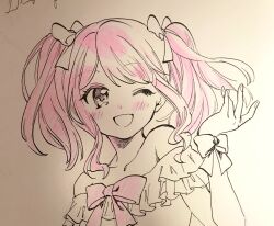  1girl bang_dream! bare_shoulders bow bowtie collarbone commentary eyelashes fingernails frilled_sleeves frills hair_bow highres light_blush lineart long_hair looking_at_viewer maruyama_aya no+bi= off-shoulder_shirt off_shoulder one_eye_closed open_mouth outstretched_hand photo_(medium) pink_bow pink_bowtie pink_hair shirt short_sleeves short_twintails smile solo spot_color traditional_media twintails upper_body wrist_bow 