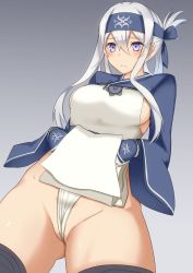 10s 1girl ainu_clothes black_thighhighs blue_eyes blush breasts closed_mouth frontal_wedgie gradient_background grey_background groin hair_between_eyes headband highres kamoi_(kancolle) kantai_collection large_breasts lifted_by_self loincloth long_hair sideboob sidelocks solo tabard thighhighs thighs wedgie wide_sleeves yagyuu_katsuda rating:Questionable score:10 user:danbooru