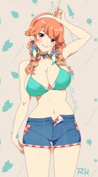  1girl arm_up bikini bikini_top_only blue_feathers blue_shorts blush braid breasts choker cleavage cowboy_shot feathers green_bikini green_feathers grin hairband highres hololive hololive_english large_breasts long_hair looking_at_viewer multicolored_hair navel open_fly orange_hair pink_nails purple_eyes r3dfive short_shorts shorts smile solo stomach swimsuit takanashi_kiara thighs twin_braids two-tone_hair virtual_youtuber w white_hairband 