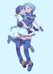  2girls :d armor babykatafan belt blue_background blue_eyes blue_footwear blue_gloves blue_hair boots breastplate brown_belt closed_eyes commentary dress english_commentary fingerless_gloves fire_emblem fire_emblem:_the_binding_blade full_body gloves hand_on_another&#039;s_head headband highres hug looking_at_another multiple_girls nintendo open_mouth pegasus_knight_uniform_(fire_emblem) shanna_(fire_emblem) short_hair short_sleeves siblings sisters smile teeth thea_(fire_emblem) thigh_boots white_dress white_headband 