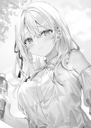  1girl absurdres ahoge alisa_mikhailovna_kujou armpit_crease bare_shoulders blush bottle breasts cleavage commentary_request detached_sleeves dress dutch_angle from_below furrowed_brow greyscale hair_ribbon head_tilt highres holding holding_bottle large_breasts leaf long_hair looking_down momoko_(momopoco) monochrome neck_ribbon novel_illustration official_art ribbon second-party_source sky solo sweat tokidoki_bosotto_roshia-go_de_dereru_tonari_no_arya-san upper_body 