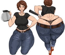  1girl ass ass_focus big_hero_6 black_panties black_shirt breasts brown_hair butt_crack cass_hamada cleavage curvy cyberboi denim green_eyes hand_on_own_hip heavy_breathing huge_ass jeans jewelry large_breasts leaning_forward light_blush looking_at_viewer multiple_views necklace panties pants perspective plump shiny_skin shirt short_hair short_sleeves simple_background skindentation smile solo standing steaming_body sweat sweatdrop thong underwear whale_tail_(clothing) white_background wide_hips  rating:Sensitive score:166 user:fakyuh