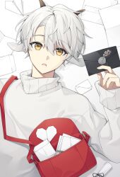  1boy animal_ears commentary d: envelope goat_boy gradient_background holding holding_envelope horns konogi_nogi long_sleeves male_focus messy_hair open_mouth original paper_airplane paper_heart rectangular_pupils red_bag scroll solo sweater symbol-only_commentary tongue wax_seal white_background white_hair white_sweater yellow_eyes 