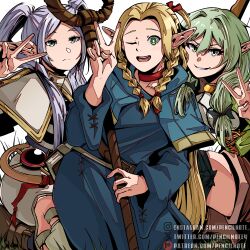 3girls artist_name blonde_hair cape crossover dungeon_meshi elf frieren goblin_slayer! green_eyes green_hair high_elf_archer_(goblin_slayer!) marcille_donato multiple_girls one_eye_closed pencilnote pointy_ears serious smile sousou_no_frieren staff twintails v white_hair