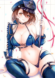  1girl arm_support azur_lane baltimore_(azur_lane) baltimore_(finish_line_flagbearer)_(azur_lane) bikini black_bikini black_choker blue_bikini blue_footwear blue_hat blue_jacket blue_shorts blue_sleeves boots braid breasts brown_hair chest_harness choker cleavage closed_mouth collarbone commentary cropped_jacket crossed_bangs detached_sleeves french_braid hair_between_eyes harness hat highleg highleg_bikini highres holding holding_pole jacket large_breasts looking_at_viewer micro_shorts mismatched_bikini navel official_alternate_costume peaked_cap pole race_queen shadow short_hair shorts sidelocks single_bare_shoulder single_detached_sleeve single_sleeve sitting skindentation smile solo stomach swimsuit thigh_boots traditional_media underbust yellow_eyes yosaku_vs_hina 