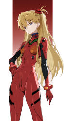  1girl :/ blue_eyes bodysuit breasts brown_hair curvy hair_between_eyes hair_ornament highres interface_headset long_hair looking_at_viewer multicolored_bodysuit multicolored_clothes narrow_waist neon_genesis_evangelion pilot_suit plugsuit red_bodysuit shiny_clothes siino skin_tight solo souryuu_asuka_langley standing thick_thighs thighs two_side_up very_long_hair wide_hips 