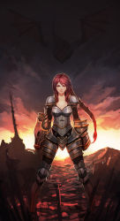  1girl armor breasts bryanth dragon full_armor gauntlets highres ironscale_shyvana league_of_legends long_hair ponytail red_eyes red_hair shyvana solo  rating:Sensitive score:58 user:danbooru
