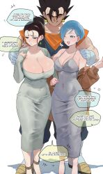  1boy 2girls black_hair breasts bulma chi-chi_(dragon_ball) cleavage covered_navel dragon_ball dragonball_z dress earrings english_text fusion hair_bun hand_on_another&#039;s_shoulder highres huge_breasts husband_and_wife husband_and_wives imminent_threesome jewelry mature_female multiple_girls nia_(nia4294) partially_shaded_face potara_earrings short_hair single_hair_bun smile speech_bubble spiked_hair standing tight_clothes tight_dress vegetto  rating:Sensitive score:155 user:danbooru